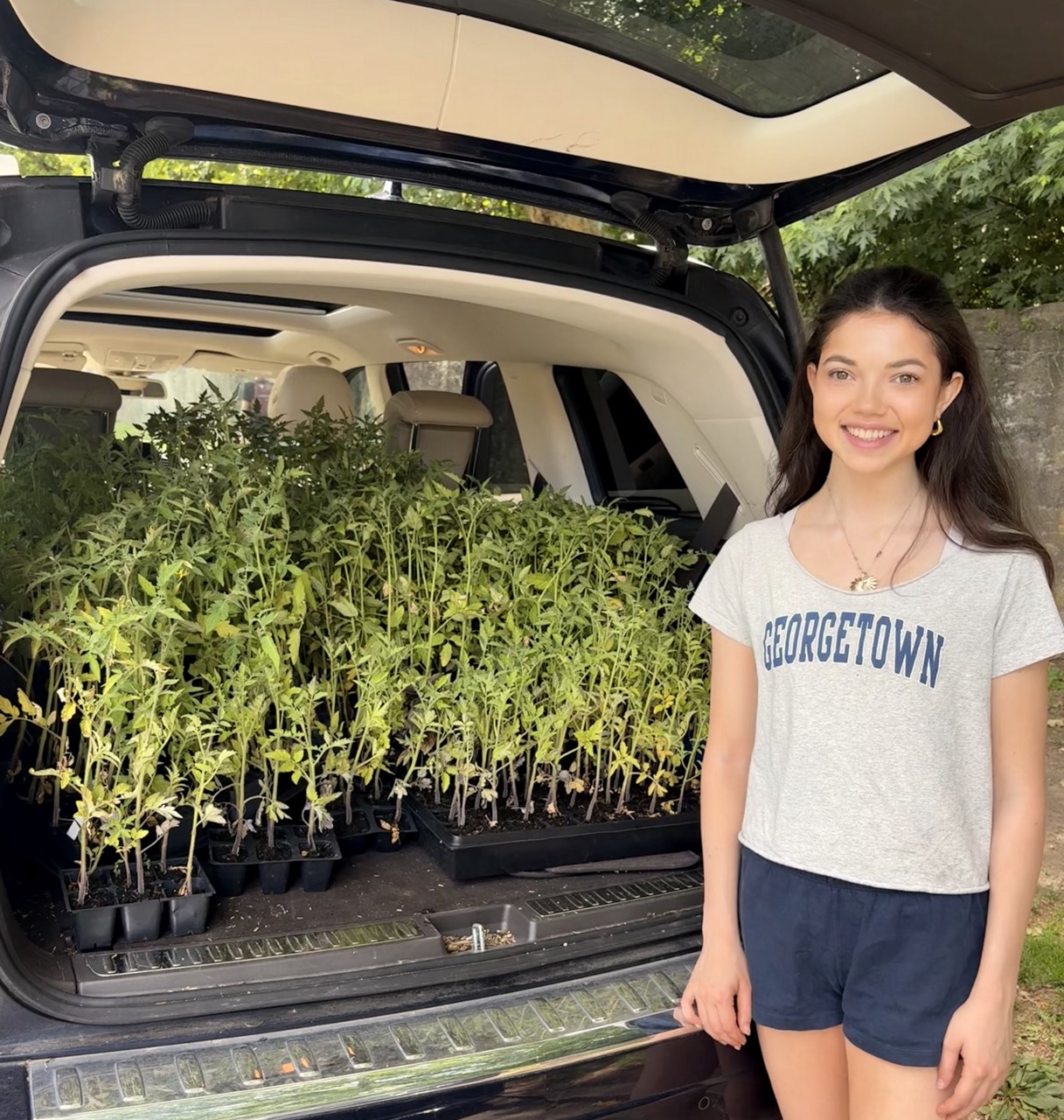 Heather Kaplan standing beside trays of tomato seedlings loaded into a car