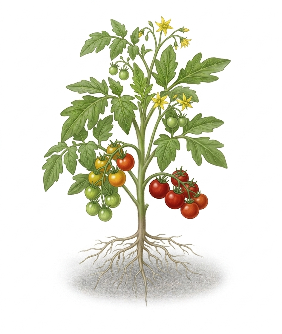 Botanical illustration of a cherry tomato plant in full growth